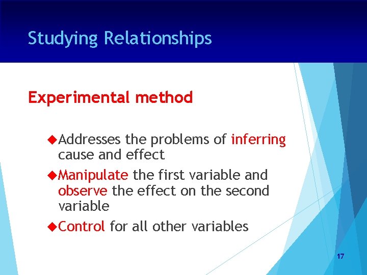 Studying Relationships Experimental method Addresses the problems of inferring cause and effect Manipulate the