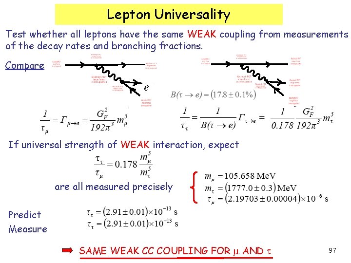 Lepton Universality Test whether all leptons have the same WEAK coupling from measurements of