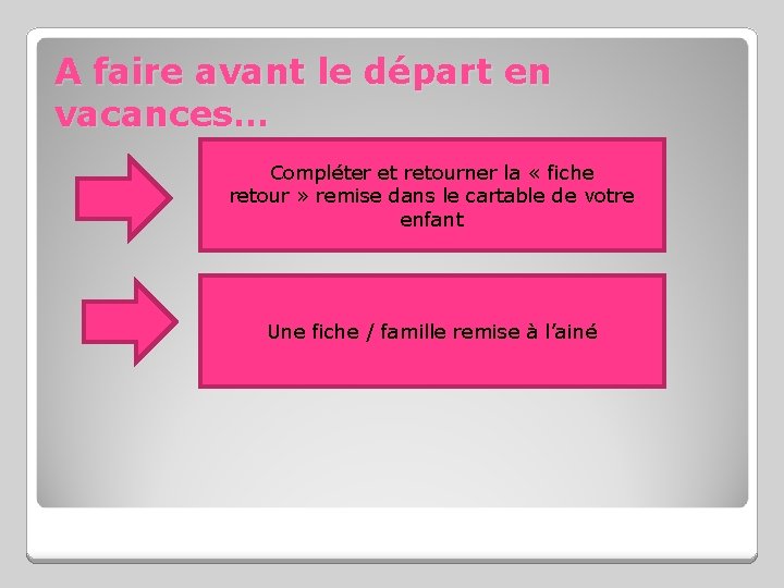 A faire avant le départ en vacances… Compléter et retourner la « fiche retour