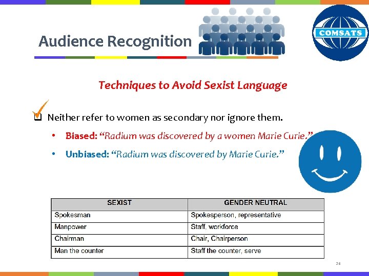Audience Recognition Techniques to Avoid Sexist Language q Neither refer to women as secondary