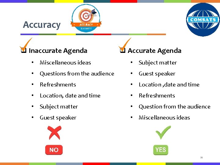 Accuracy q Inaccurate Agenda q Accurate Agenda • Miscellaneous ideas • Subject matter •