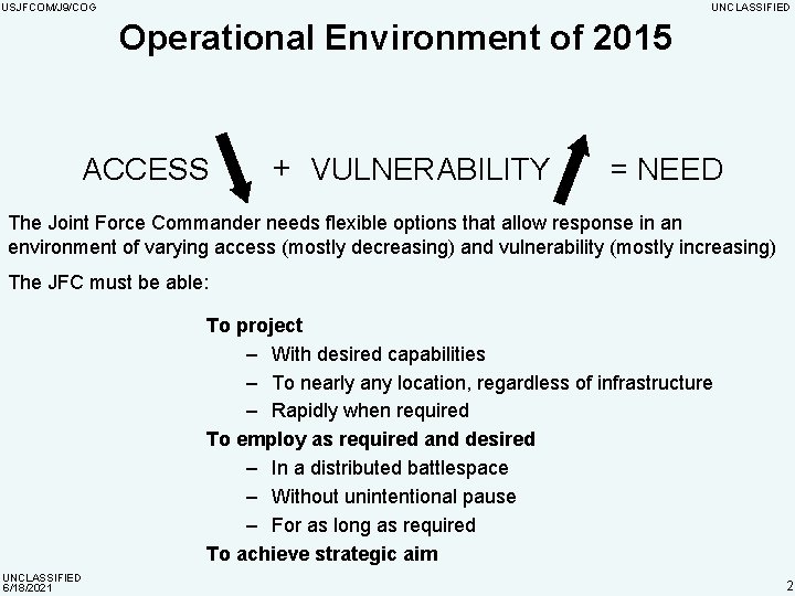 USJFCOM/J 9/COG UNCLASSIFIED Operational Environment of 2015 ACCESS + VULNERABILITY = NEED The Joint