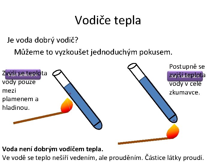 Vodiče tepla Je voda dobrý vodič? Můžeme to vyzkoušet jednoduchým pokusem. Zvýší teplota startse Vodiče tepla Je voda dobrý vodič? Můžeme to vyzkoušet jednoduchým pokusem. Zvýší teplota startse