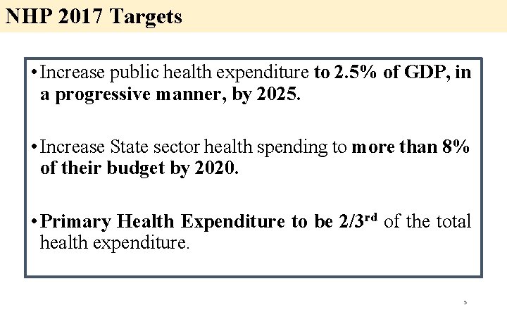 NHP 2017 Targets • Increase public health expenditure to 2. 5% of GDP, in