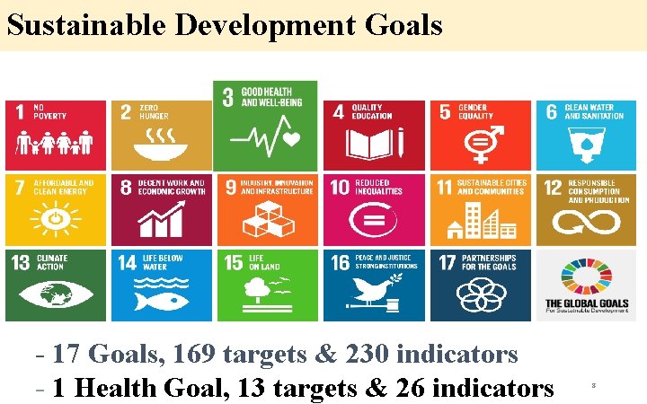 Sustainable Development Goals - 17 Goals, 169 targets & 230 indicators - 1 Health