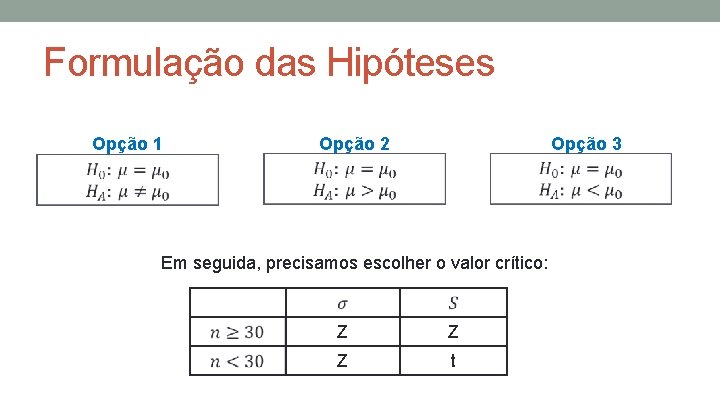 Formulação das Hipóteses Opção 1 Opção 2 Opção 3 Em seguida, precisamos escolher o