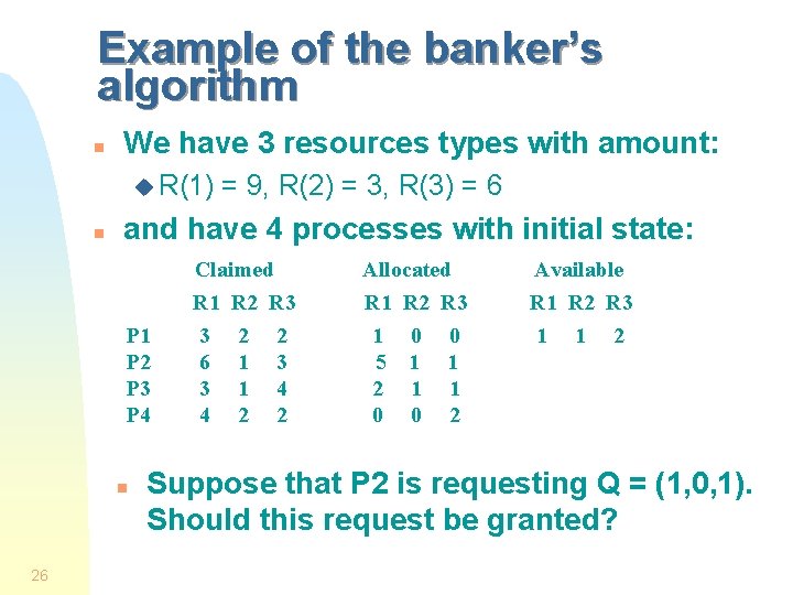 Example of the banker’s algorithm n We have 3 resources types with amount: u