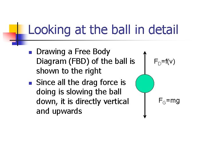 Looking at the ball in detail n n Drawing a Free Body Diagram (FBD)