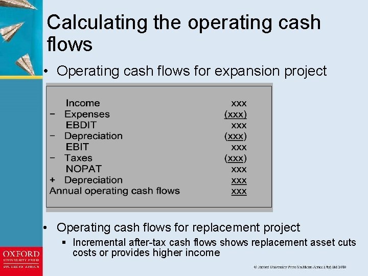 Calculating the operating cash flows • Operating cash flows for expansion project • Operating