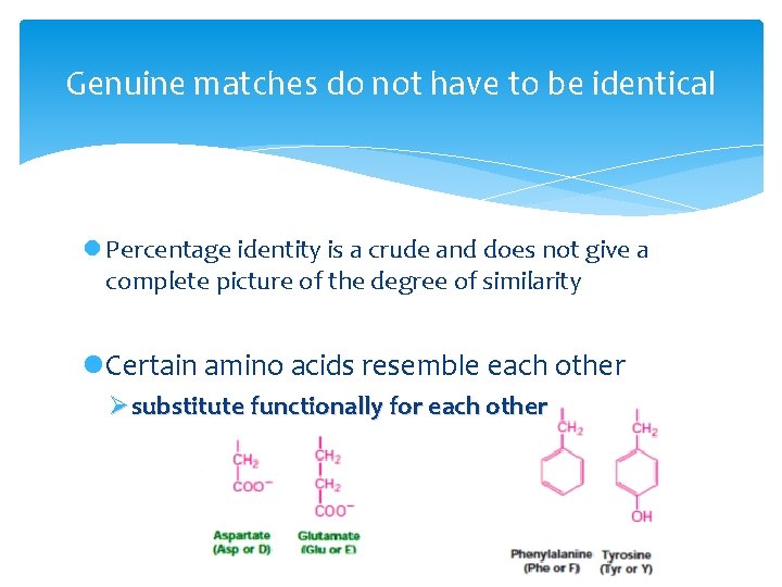 Genuine matches do not have to be identical l Percentage identity is a crude