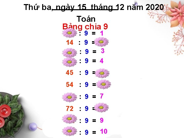 Thứ ba, ngày 15 tháng 12 năm 2020 Toán Bảng chia 9 9 14