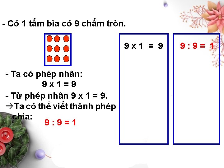 - Có 1 tấm bìa có 9 chấm tròn. 9 x 1 = 9