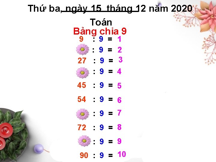 Thứ ba, ngày 15 tháng 12 năm 2020 Toán Bảng chia 9 9 14