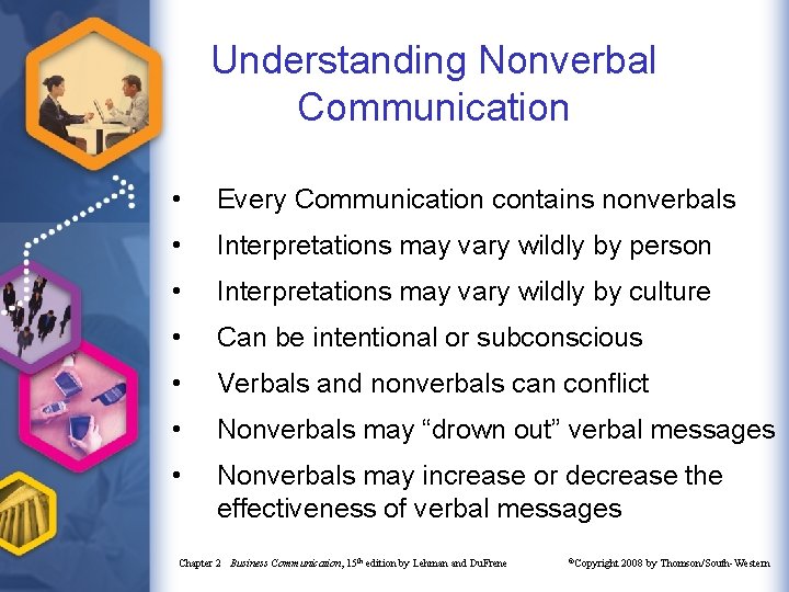 Understanding Nonverbal Communication • Every Communication contains nonverbals • Interpretations may vary wildly by