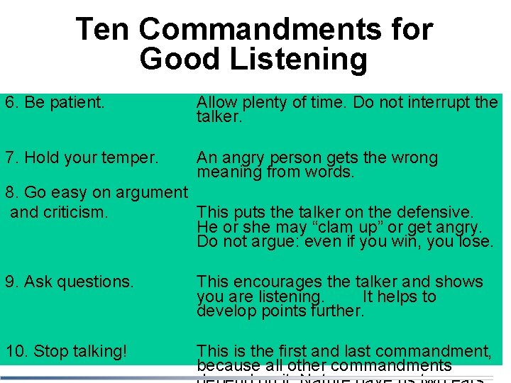 Ten Commandments for Good Listening 6. Be patient. Allow plenty of time. Do not