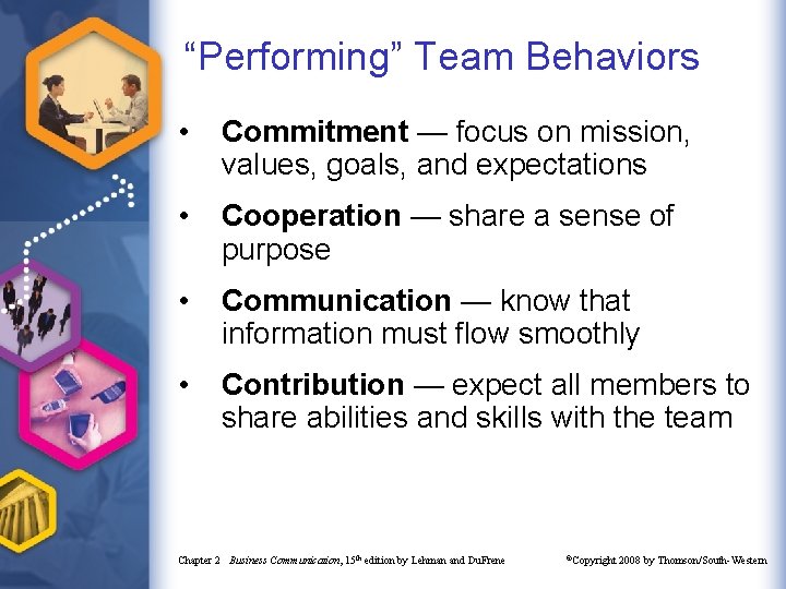 “Performing” Team Behaviors • Commitment — focus on mission, values, goals, and expectations •