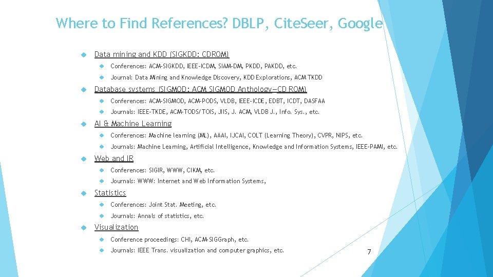 Where to Find References? DBLP, Cite. Seer, Google Data mining and KDD (SIGKDD: CDROM)