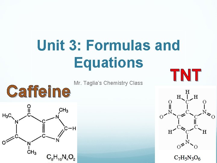 Unit 3: Formulas and Equations Caffeine Mr. Taglia’s Chemistry Class TNT 