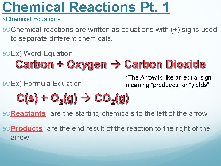 Chemical Reactions Pt. 1 ~Chemical Equations Chemical reactions are written as equations with (+)