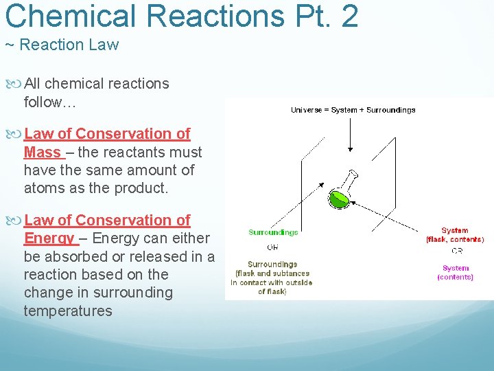 Chemical Reactions Pt. 2 ~ Reaction Law All chemical reactions follow… Law of Conservation