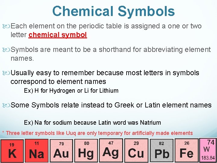 Chemical Symbols Each element on the periodic table is assigned a one or two
