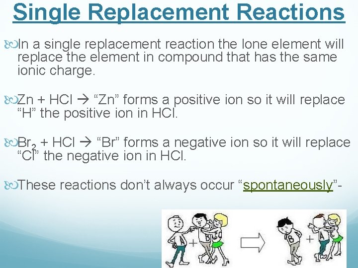 Single Replacement Reactions In a single replacement reaction the lone element will replace the