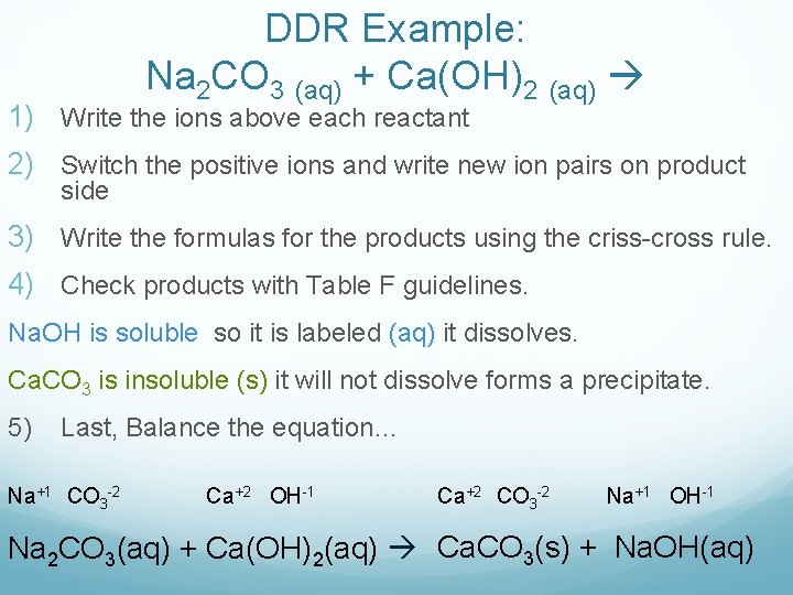 DDR Example: Na 2 CO 3 (aq) + Ca(OH)2 (aq) 1) Write the ions