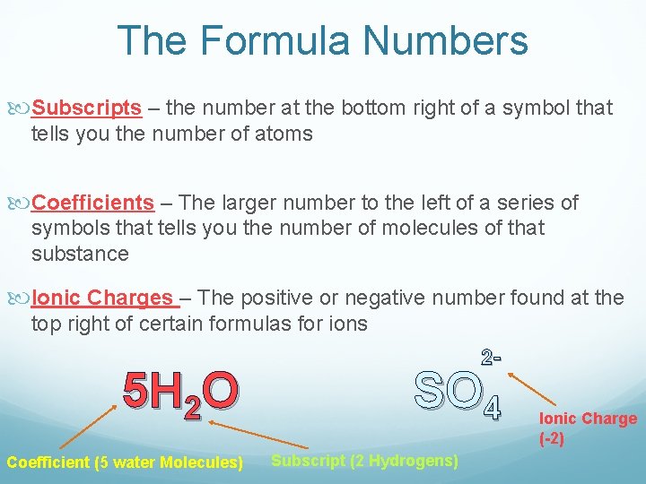 The Formula Numbers Subscripts – the number at the bottom right of a symbol