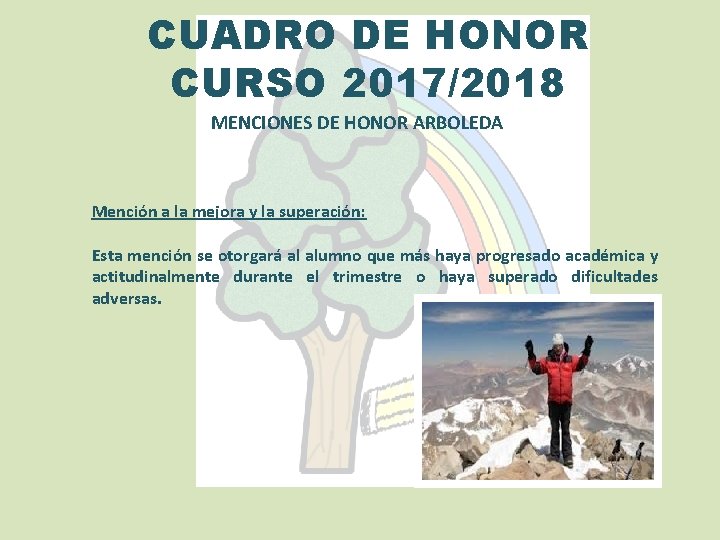 CUADRO DE HONOR CURSO 2017/2018 MENCIONES DE HONOR ARBOLEDA Mención a la mejora y