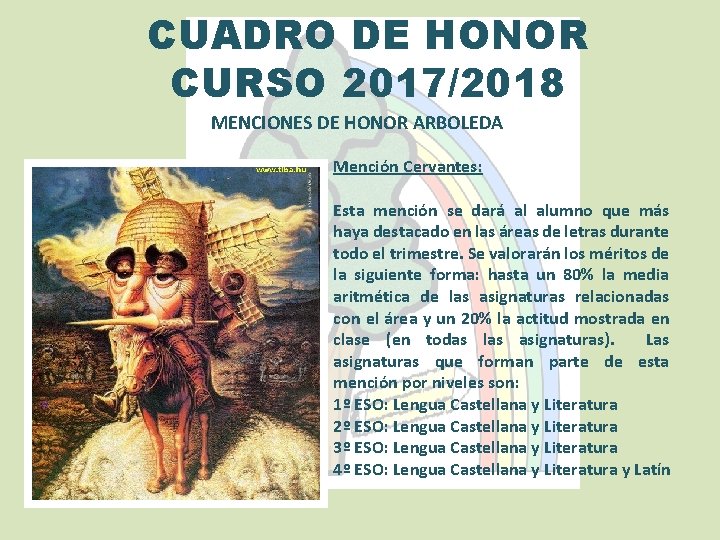 CUADRO DE HONOR CURSO 2017/2018 MENCIONES DE HONOR ARBOLEDA Mención Cervantes: Esta mención se