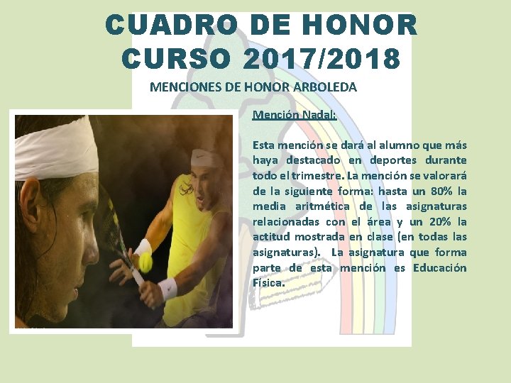 CUADRO DE HONOR CURSO 2017/2018 MENCIONES DE HONOR ARBOLEDA Mención Nadal: Esta mención se