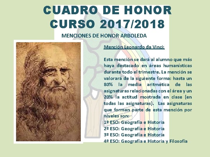 CUADRO DE HONOR CURSO 2017/2018 MENCIONES DE HONOR ARBOLEDA Mención Leonardo da Vinci: Esta