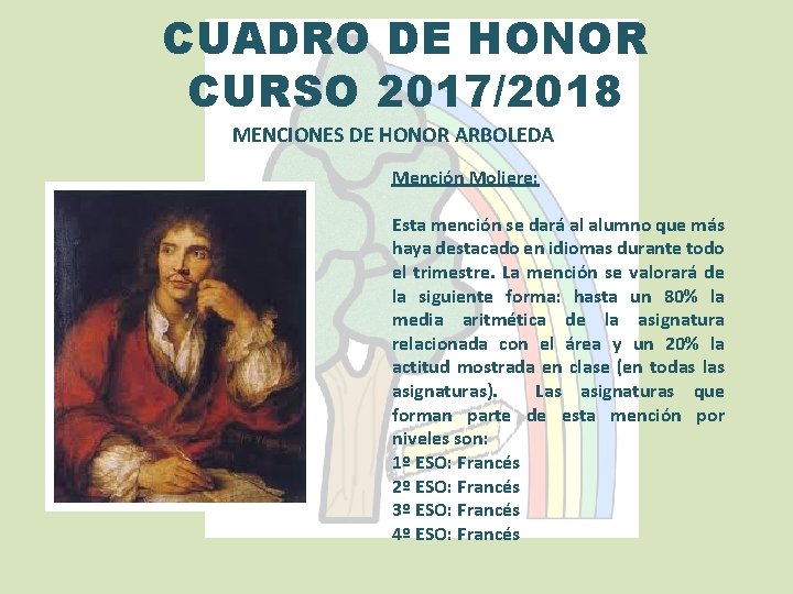 CUADRO DE HONOR CURSO 2017/2018 MENCIONES DE HONOR ARBOLEDA Mención Moliere: Esta mención se