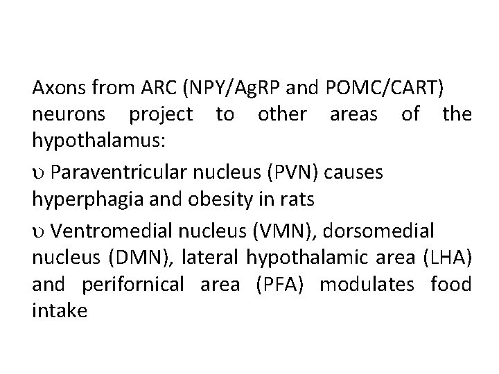 Axons from ARC (NPY/Ag. RP and POMC/CART) neurons project to other areas of the