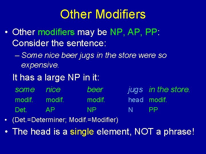 Other Modifiers • Other modifiers may be NP, AP, PP: Consider the sentence: –