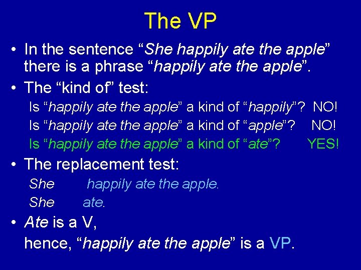 The VP • In the sentence “She happily ate the apple” there is a