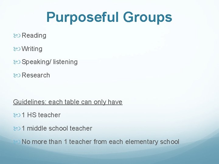 Purposeful Groups Reading Writing Speaking/ listening Research Guidelines: each table can only have 1