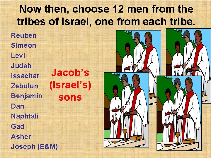 Now then, choose 12 men from the tribes of Israel, one from each tribe.
