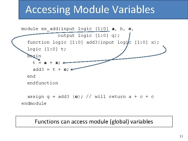 Accessing Module Variables module ex_add(input logic [1: 0] a, b, c, output logic [1: