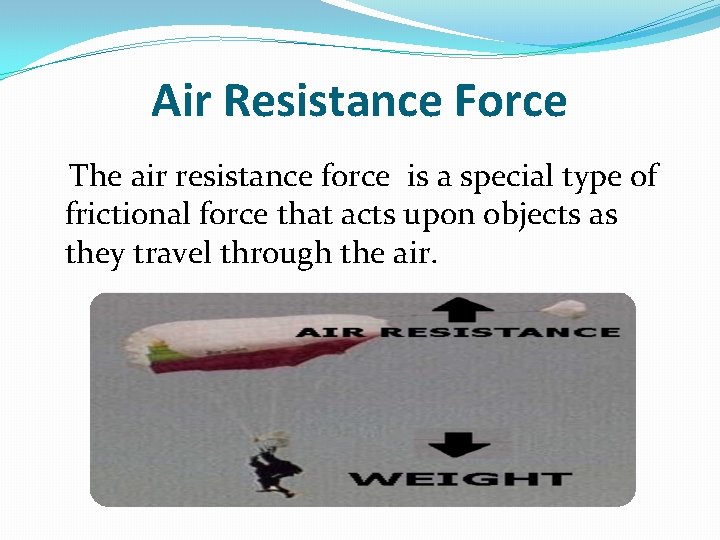 Air Resistance Force The air resistance force is a special type of frictional force