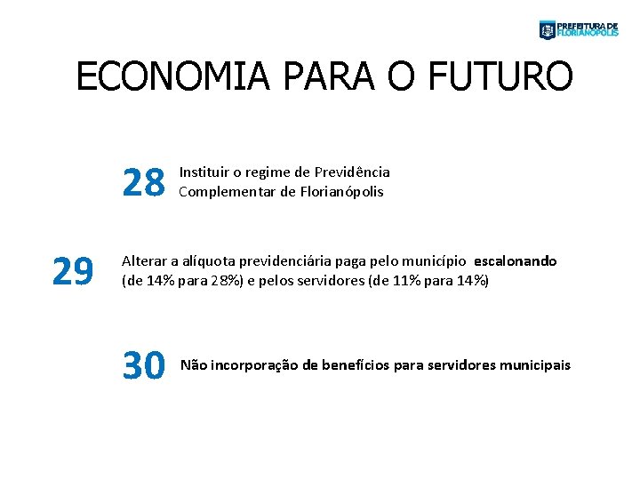 ECONOMIA PARA O FUTURO 28 29 Instituir o regime de Previdência Complementar de Florianópolis