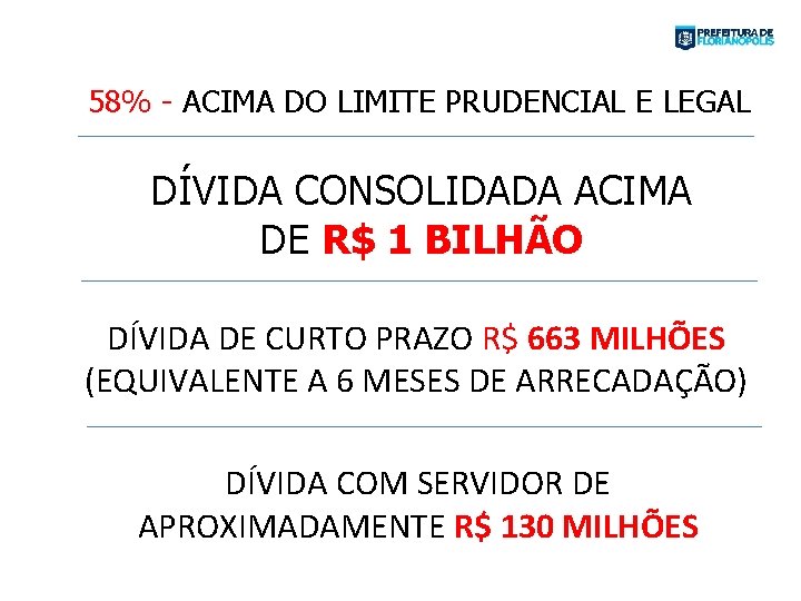 58% - ACIMA DO LIMITE PRUDENCIAL E LEGAL DÍVIDA CONSOLIDADA ACIMA DE R$ 1
