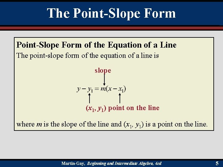 The Point-Slope Form of the Equation of a Line The point-slope form of the