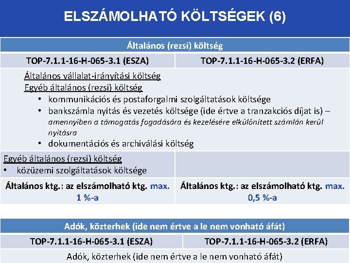 ELSZÁMOLHATÓ KÖLTSÉGEK (6) Általános (rezsi) költség TOP-7. 1. 1 -16 -H-065 -3. 1 (ESZA)