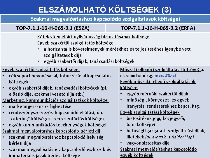 ELSZÁMOLHATÓ KÖLTSÉGEK (3) Szakmai megvalósításhoz kapcsolódó szolgáltatások költségei TOP-7. 1. 1 -16 -H-065 -3.