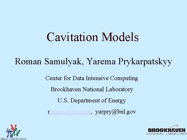 Cavitation Models Roman Samulyak, Yarema Prykarpatskyy Center for Data Intensive Computing Brookhaven National Laboratory