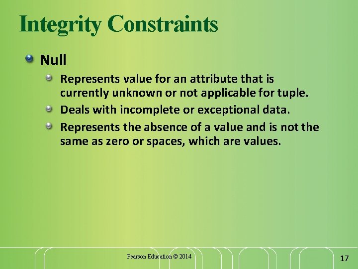 Integrity Constraints Null Represents value for an attribute that is currently unknown or not