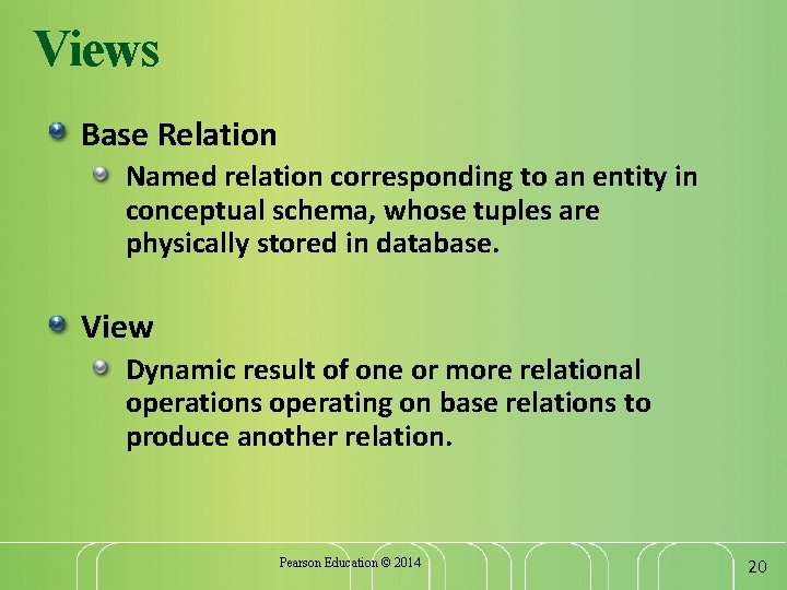 Views Base Relation Named relation corresponding to an entity in conceptual schema, whose tuples