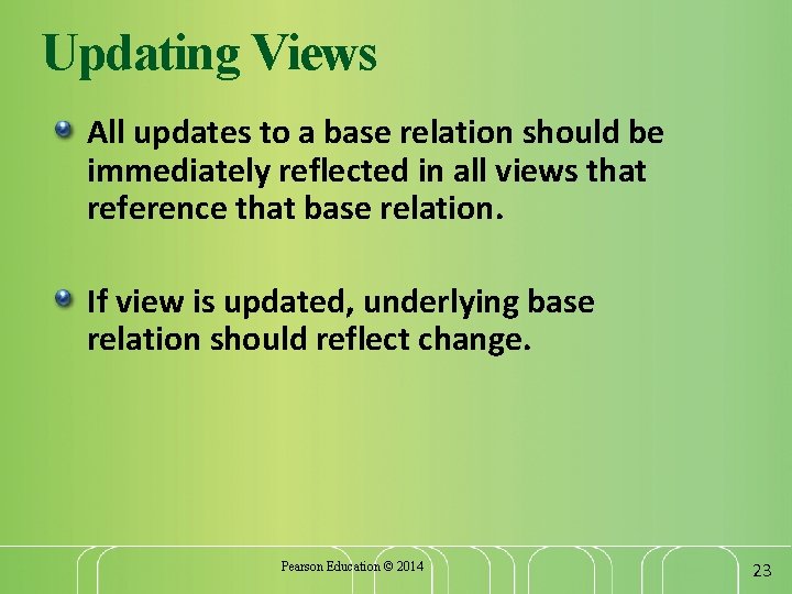 Updating Views All updates to a base relation should be immediately reflected in all