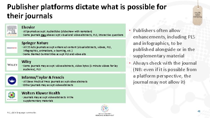 Publisher platforms dictate what is possible for their journals Elsevier • All journals accept: